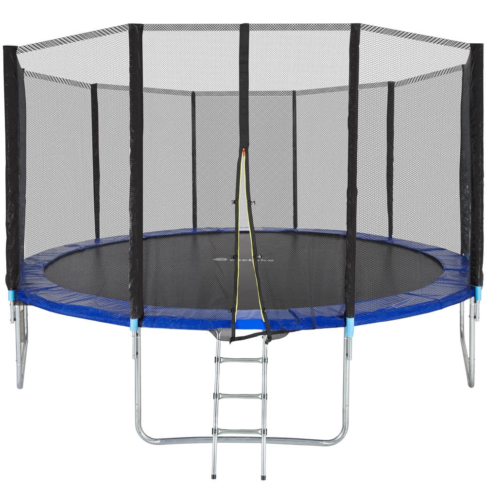 Round fitness trampoline with a 457 cm diameter, featuring a blue padded edge, black safety net enclosure, and a metal ladder for easy access.