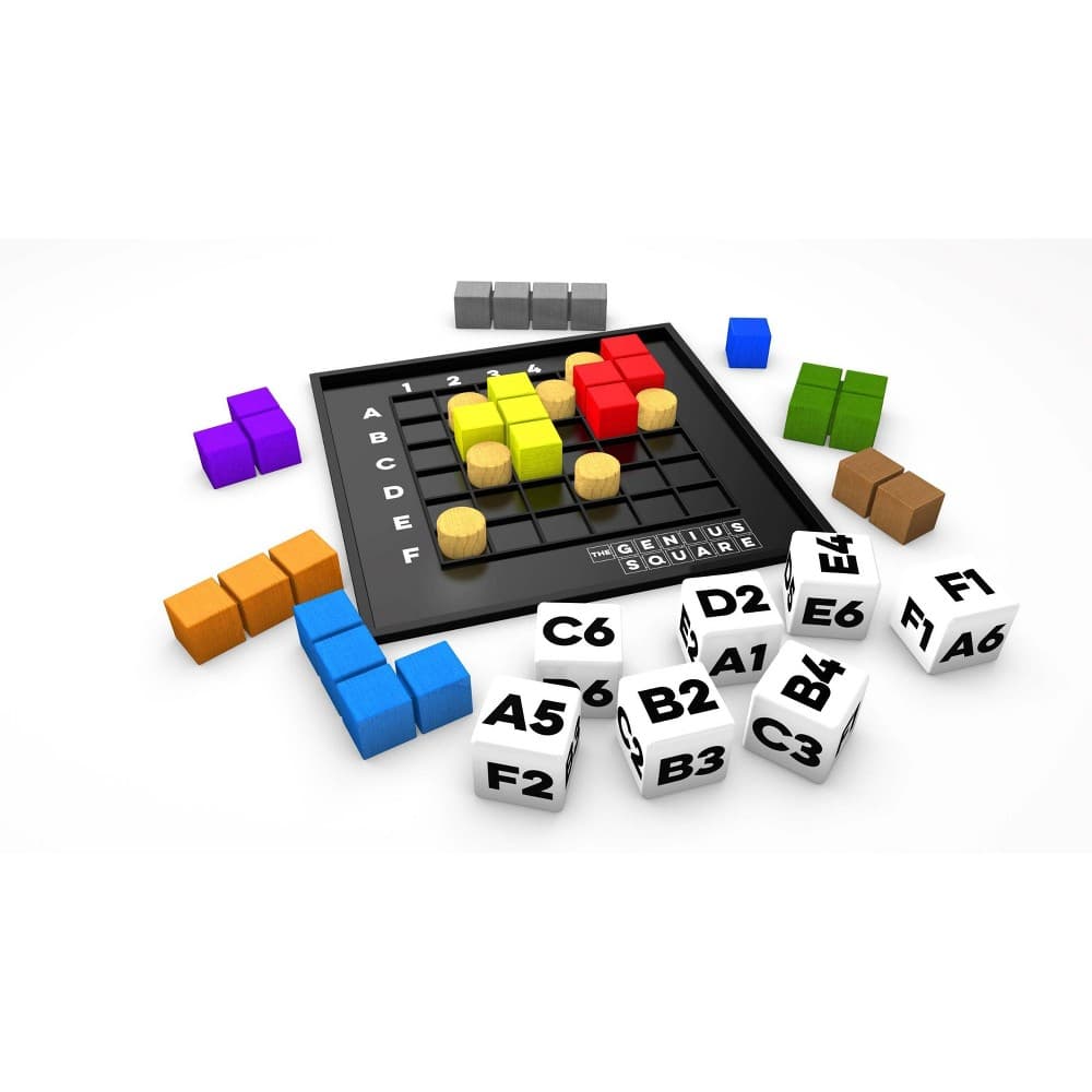Colorful geometric blocks in various shapes surround a black game board with a grid, featuring yellow, red, and green pieces placed on it, designed for puzzle-solving fun.