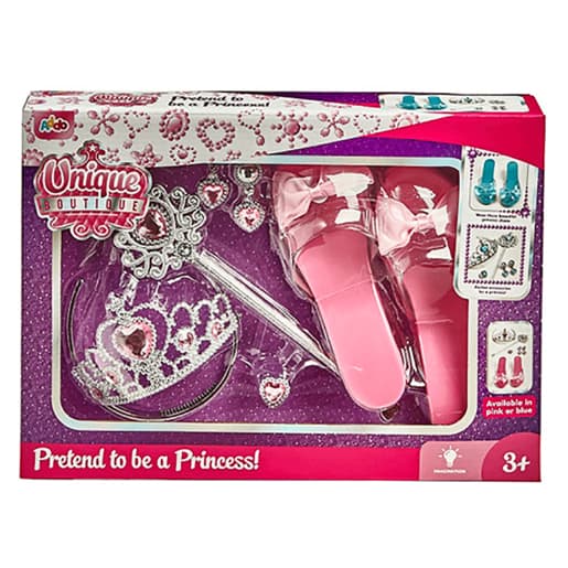 A pink dress-up costume set featuring a tiara, wand, and matching pink shoes, all adorned with sparkly details and hearts, packaged in a colorful box.