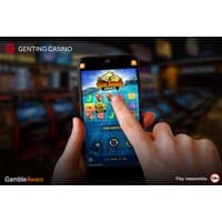 Mobile screen showing Big Bass Bonanza slot game with colorful fish graphics, Genting Casino logo at top left.