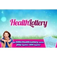 "500 Health Lottery Lines voucher with blue sky background, excited woman, and lottery tickets illustration"