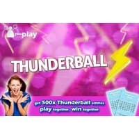 Pink Thunderball lottery promo with excited woman, lightning bolt, and blue lottery tickets.