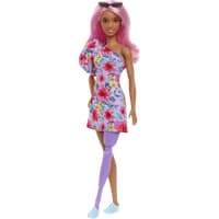 Barbie Fashionistas Doll in floral one-shoulder dress, pink hair, sunglasses, lavender prosthetic leg, blue shoes.