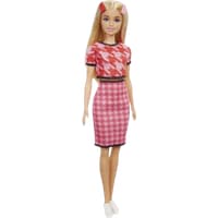 Barbie Fashionistas Doll in pink houndstooth top and skirt, blonde hair with pink highlights, and white sneakers.