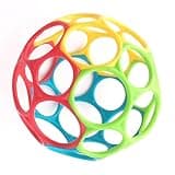 Bright Starts Oball infant toy, 4-inch, red, yellow, green, blue, BPA-free, open lattice design for easy grasp.