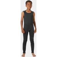 Black Helly Hansen juniors’ salopette with sleeveless design, full-length legs, and snug fit for water activities.