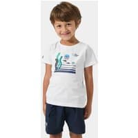 White Helly Hansen kids' T-shirt with nautical graphics and navy shorts, featuring The Ocean Race theme.