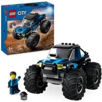 Blue LEGO City monster truck toy with large black tires, yellow headlights, and included mini-figure.