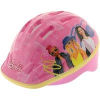 Pink Barbie safety helmet with character graphics, yellow trim, and ventilation holes.