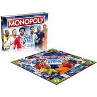 World Football Stars Monopoly board game with colorful player images and iconic Monopoly branding on the box.