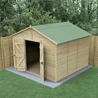 Wooden 10' x 10' windowless shed with double doors, apex roof, tongue and groove panels, set on a concrete base.