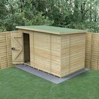 Windowless pent shed, 10'x6', tongue and groove pressure-treated wood, sloped roof, natural finish, by Forest Garden.