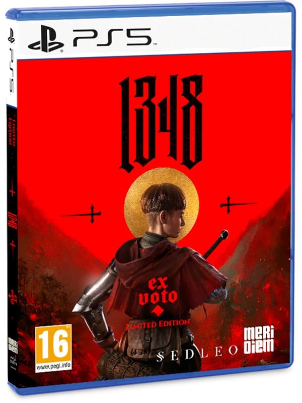 Limited edition PS5 game "1348 Ex Voto" featuring a boy in armor against a red background with a golden halo, flanked by two aircraft silhouettes.