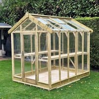 Wooden greenhouse with clear panels, pitched roof, and door; measures 5'3 x 9'4 by Coppice Ashdown Apex.