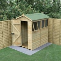 Wooden apex shed with green roof, 4 windows, tongue and groove panels, and open door, set on a patio.