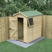 Wooden apex shed with green roof, open door, side window, tongue and groove panels, set on concrete slabs.