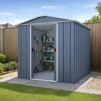 Anthracite metal shed with double sliding doors, ridged walls, and interior shelves, measuring 6' x 7'.