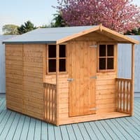 Wooden summerhouse with veranda, natural finish, two front windows, and a peaked roof, set on a deck.