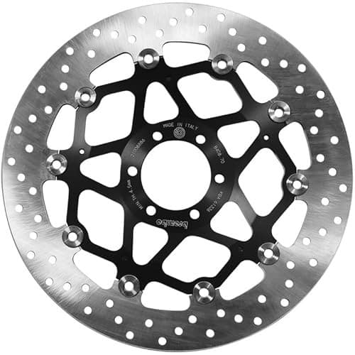 Brembo OE front floating brake disc featuring a silver stainless steel surface with a black anodized aluminum center, designed for BMW G Xmoto 650CC and Ducati Monster Dark 400CC.