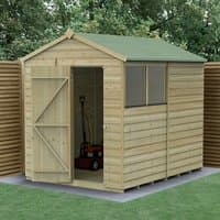 8' x 6' wooden apex shed with shiplap cladding, green roof, window, open door, and pressure-treated timber.