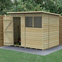Wooden pent shed with shiplap cladding, single door, two windows, and pressure-treated timber, 8' x 6' size.