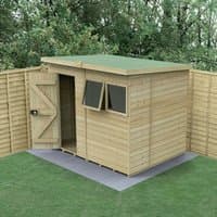8' x 6' wooden pent shed with tongue and groove panels, single door, two windows, and green roof, on grass.