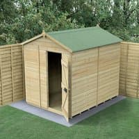 Wooden windowless apex shed with tongue and groove panels, green roof, single door, set on concrete base.