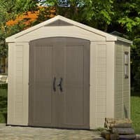 Beige Keter Factor plastic garden shed with double brown doors, window, and gable roof, measuring 8' x 6'.