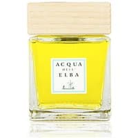 Clear glass bottle with yellow citrus diffuser liquid, wooden cap, and Acqua dell'Elba label.