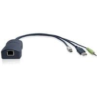 Black ADDER CATx DisplayPort CAM with USB, DisplayPort, and audio connectors on a short cable.