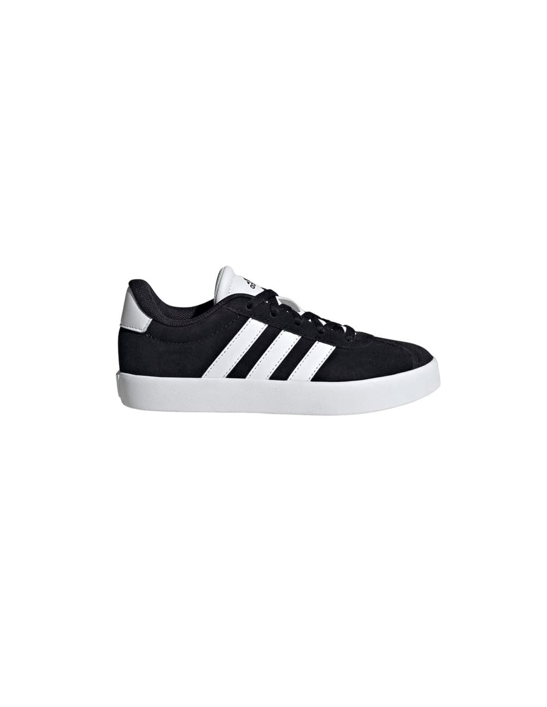 Black suede junior boys' Adidas VL Court 3.0 shoes featuring white three-stripe branding, a white rubber sole, and a classic low-top design.