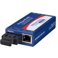Blue Advantech network media converter with Ethernet port and fiber optic connection, model IMC-370I-MM-C.