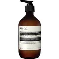 Aesop Resurrection Aromatique Hand Balm, 500 ml amber bottle with black pump and minimalist white label.