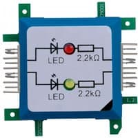 Square blue circuit board with red and yellow LEDs, labeled 2.2kΩ, and multiple metal pins on sides.