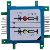 Blue and white Allnet LED module with red and yellow LEDs, circuit diagram, and metal pins on sides.