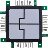 Square ALLNET ALL-BRICK-0008 transistor with green circuit board, silver pins, and black zigzag pattern on white surface.
