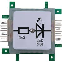 Square ALLNET ALL-BRICK-0010 transistor with green circuit board, labeled 1kΩ, LED blue, and schematic symbol.