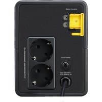 "Black APC UPS with two European outlets, yellow battery connector, and circuit breaker switch on the back panel"