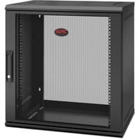 Black APC NetShelter WX AR112SH4, 12U 19-inch wall mount patch cabinet with mesh front door and APC logo.