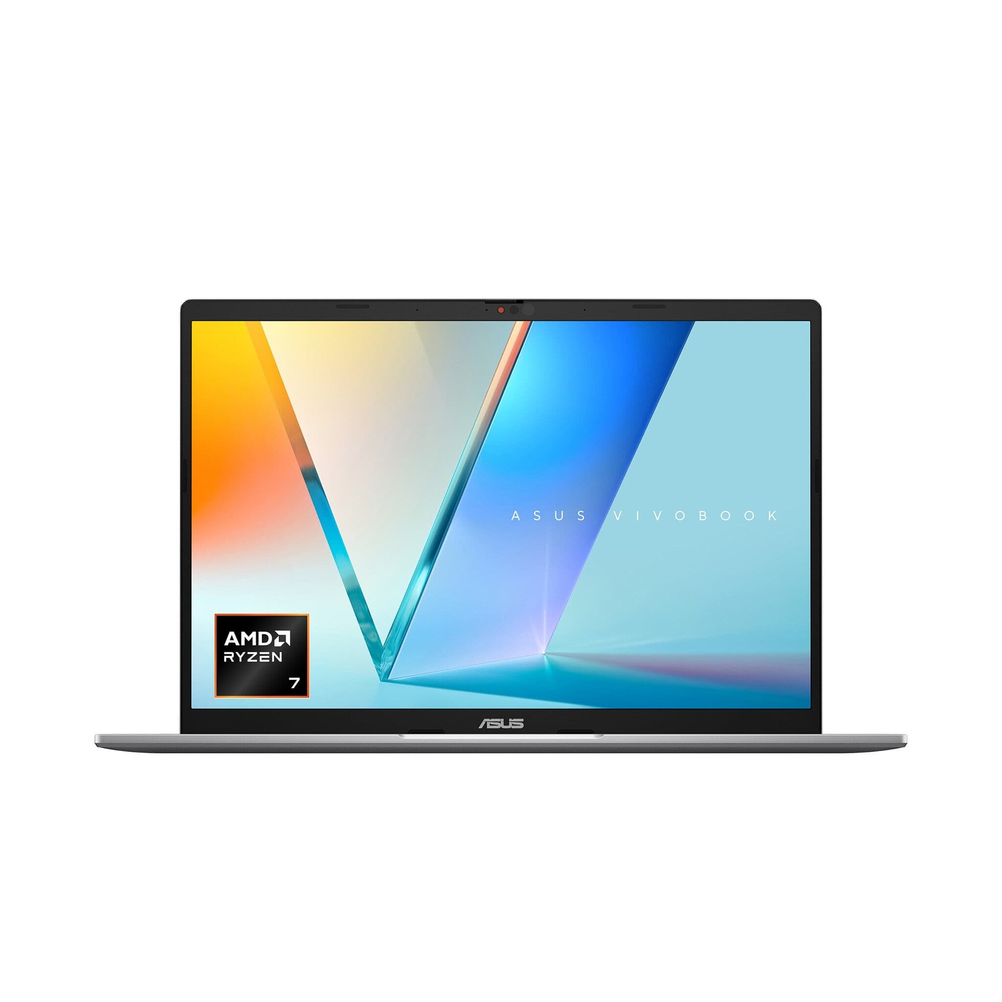 ASUS Vivobook S 14 laptop with a sleek silver chassis, 14-inch WUXGA display showcasing vibrant colors, featuring AMD Ryzen 7 processor, 16 GB DDR5 RAM, and 512 GB SSD.