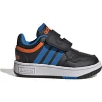 Black Adidas baby sneakers with blue stripes, orange accents, and velcro straps.