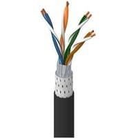 Black Belden Duffé 5E cable with exposed twisted pairs in orange, blue, green, and brown.
