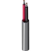 Gray Belden electronic cable with two exposed copper wires, one red and one black, encased in a cylindrical sheath.
