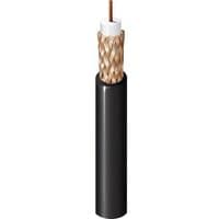 Black Belden URM43 coaxial cable with copper core, white insulator, and braided shielding.