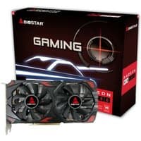 Biostar Radeon RX 580 graphics card with dual fans, black and red design, 8 GB GDDR5, shown with branded box.