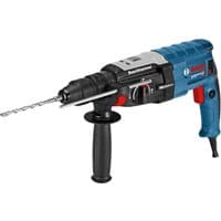 Bosch blue and black rotary hammer with side handle, SDS-Plus chuck, and red mode selector switch.