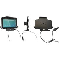 Black Brodit tablet holder with adjustable mount, charging cable, and USB connector for secure in-car device use.