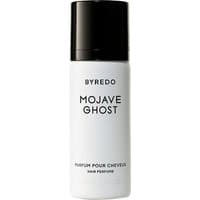 White Byredo Mojave Ghost Hair Perfume bottle, black cap, 75 ml, unisex fruity fragrance label in black text.