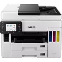 Canon MAXIFY GX7040 inkjet printer, white with touchscreen, front ink tanks, and dual paper trays.