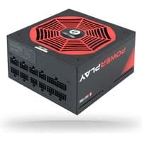 Black Chieftec PowerPlay 850W power supply unit with red accents, 20+4 pin ATX connector, and multiple output ports.